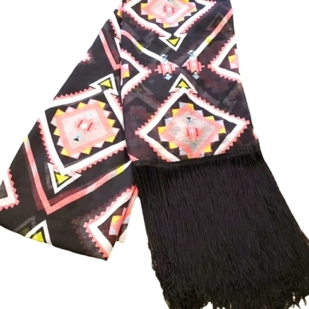 Aztec Scarf Long Black‎  Pink with Fringe Scarf